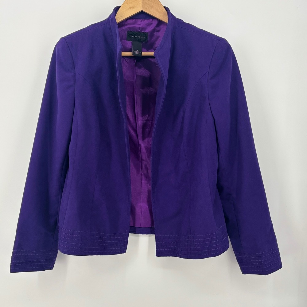 Purple Faux Suede Open Front Blazer Jacket Size 8 wedding guest office chic vtg